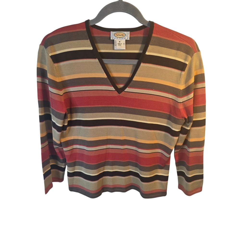 Talbots Petites Womens Medium V-Neck Striped Long Sleeve Sweater Multi-Color